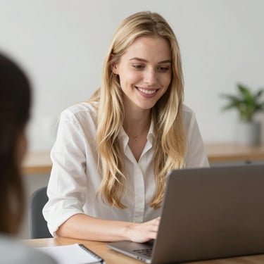 Smiling blonde woman wearing a blue headset while working on a laptop in a modern office.