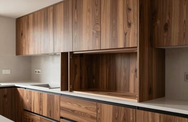An interior shot of a kitchen during renovation, showing high-quality cabinetry being installed with precision, highlighting modern craftsmanship and warm walnut wood tones.