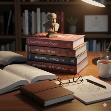Ein Schreibtisch mit Büchern über Psychologie, einer Bronzebüste, einer Tasse und Notizen.