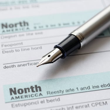 A close-up photograph focusing on a silver high-end pen resting on a detailed North American tax return form. The lighting is professional and soft, emphasizing precision and trust with a palette of silver and navy.