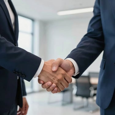 A close-up shot of two business professionals shaking hands in a bright, modern US office. Both are wearing professional navy blue suits. The handshake signifies a sealed partnership and professional trust.
