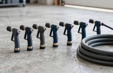 A neat arrangement of professional-grade pressure washing nozzles and hoses on a clean concrete surface in a North American / US garage. Sharp focus, clean and organized aesthetic. Colors: Dark Navy Blue and Slate Grey.