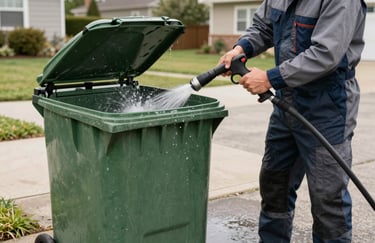 A professional in North American / US workwear using a pressure wand to deep-clean a large green plastic trashcan on a residential driveway. Action shot with water spray. Colors: Slate Grey and Dark Navy Blue.