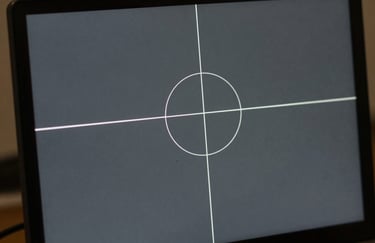 A macro photography shot of digital crosshairs on a high-resolution monitor displaying white lines on a charcoal grey background, precise architectural drafting detail.