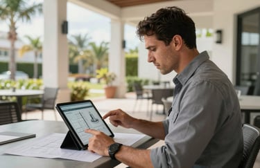 A professional in work attire reviewing a digital tablet on a sunny, modern patio in Florida, reviewing technical plans, North American setting, soft lighting.