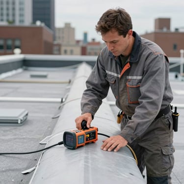 A professional roof inspection in North American / NYC, expert wearing steel gray workwear, using high-tech thermal moisture meters on a flat roof.