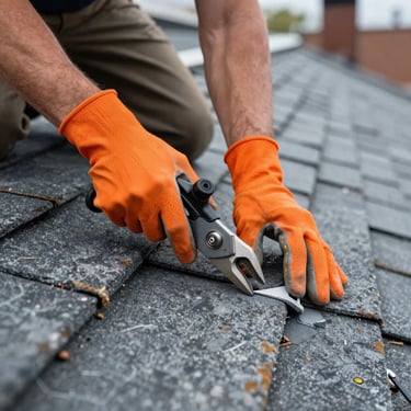 Hands of a roofing expert in North American / NYC using professional tools to repair a slate roof, wearing bright orange safety gloves.