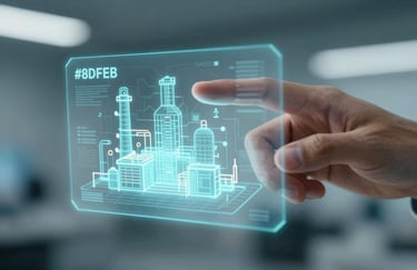 A conceptual image of a human hand interacting with a glowing hologram of a factory floor, utilizing #8DBEB7 and #F0F7F5.