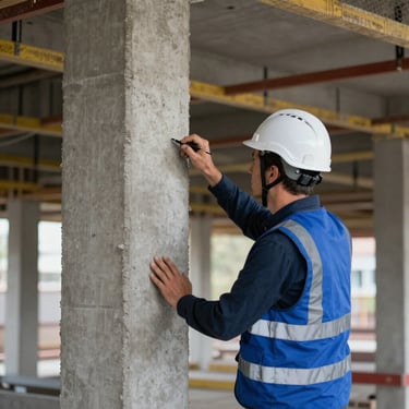 Photography of a construction expert in a white helmet and blue safety vest inspecting a structural concrete pillar on a French construction site.