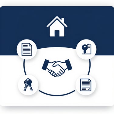 Real estate icons for handshake, house, keys, and contract documents representing a property sale.