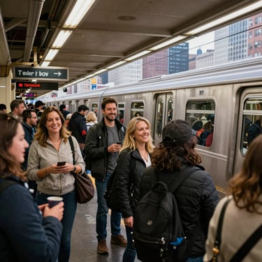 Smiling commuters waiting at a busy New York City subway platform as a train arrives at the station.