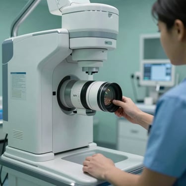 A close-up of a North American healthcare provider using a modern diagnostic scanner in a clean, professional medical lab with teal lighting.