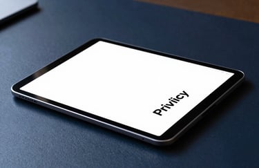 a close up of a secure digital tablet on a dark navy blue desk in a South American / Brazilian office, conveying digital privacy