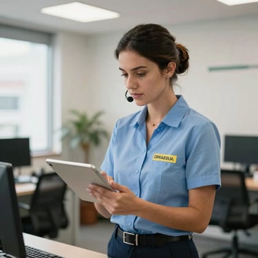 Professional administrative support staff member in a bright Brazilian office, using a tablet to manage facilities tasks efficiently.