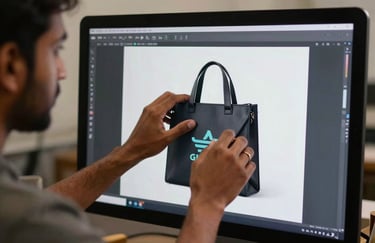 A close-up of a designer in a South Asian / Indian studio carefully placing a brand logo on a digital bag mockup on a large monitor.