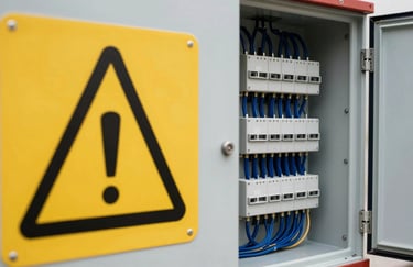 Photography of a yellow warning sign near an open electrical cabinet, with focus on the organized deep midnight blue wiring and professional components.