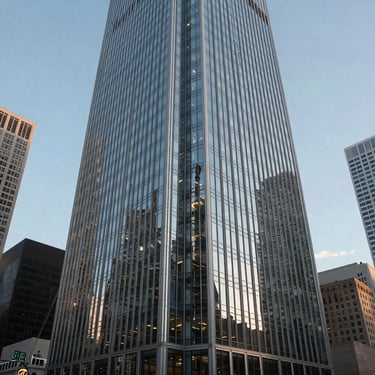 An architectural photography shot of a sleek glass skyscraper reflecting the blue sky in a bustling North American financial district. The composition is clean and modern.