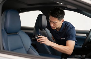 A professional automotive specialist inspecting a car's interior. The interior features Dark Slate Blue leather seats. Soft Off-White natural lighting through the window.