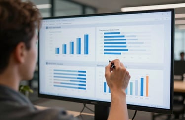Over-the-shoulder view of a professional analyzing marketing charts and campaign metrics on a large screen in a North American corporate gym office.