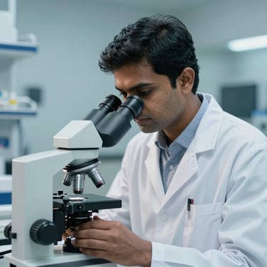 A South Asian / Indian research professional in a white coat looking into a high-powered microscope in a clean, blue-toned medical laboratory.