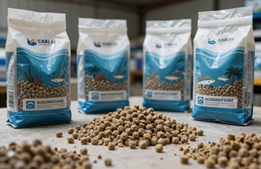 Professional high-quality fish feed pellets and sustainable aquaculture supplies arranged on a clean surface in a Southeast Asian / Indonesian warehouse, Ocean Blue and Sky Blue accents.