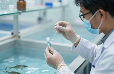 A close-up of a professional in a Southeast Asian / Indonesian aquaculture lab inspecting water samples, bright and clean environment with Soft Mist Blue lighting.