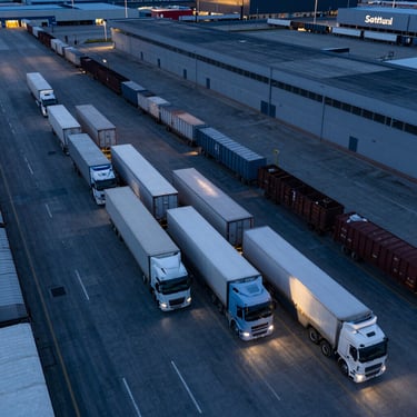 Close-up of a polished steel cargo door handle reflecting matte gold light.