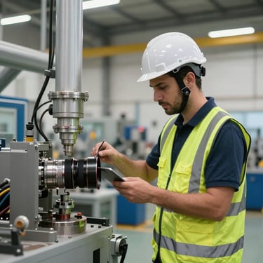 A professional mechanical technician in a safety vest and helmet inspecting industrial equipment in a modern Middle Eastern facility.