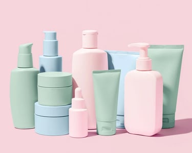 Collection of pastel pink, blue, and mint green skincare product bottles and cream jars.