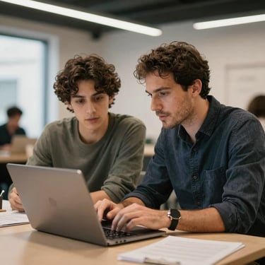 A mentor and a student discussing a project over a laptop in a modern Lisbon co-working space, professional and collaborative vibe.