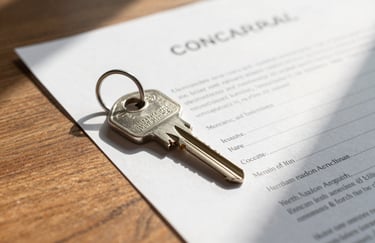 A crisp, detailed photo of a silver house key resting on a wooden table next to a professional contract, illuminated by warm, morning North American / US sunlight.
