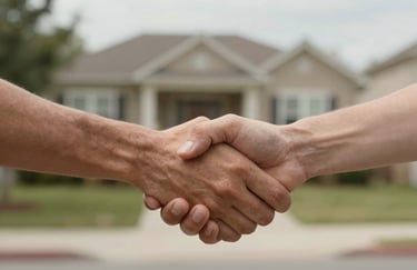 A warm photograph of two hands shaking in front of a blurred North American / US residential background, emphasizing a community-oriented deal.