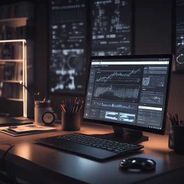 A sleek, dark-themed workspace with glowing AI interface elements and a modern laptop displaying media editing software.