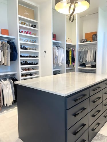 Closet organization system with categorized clothing and functional storage solutions
