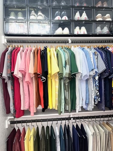 Color coordinated master closet in Fort Worth
