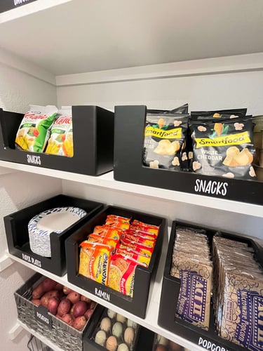 Pantry organization with labeled bins and categorized food storage containers