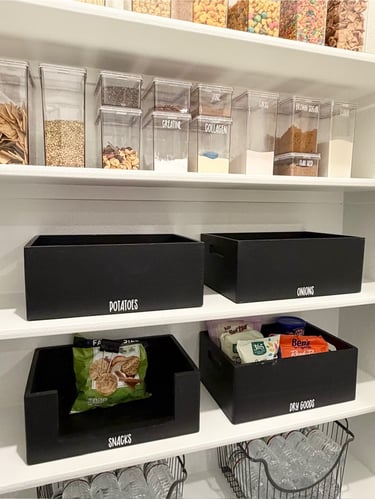 Organized pantry with clear labeled containers and categorized food storage in a Dallas home