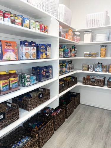 Pantry organization using wicker baskets and structured storage solutions for a functional kitchen