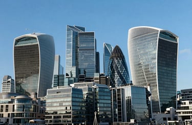 An architectural shot of a modern glass-and-steel business district in London under a clear blue sky, emphasizing corporate stability and readiness.