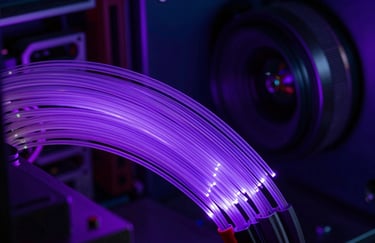 Detailed close-up of high-tech computer hardware. Fiber optic cables glowing with rich violet light weave through a deep midnight navy infrastructure.