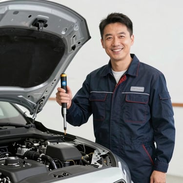 Close-up of different engine oil bottles with labels showing synthetic and conventional types on a garage workbench.