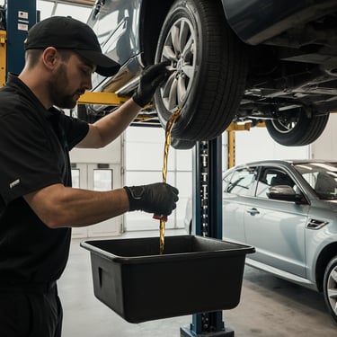 Mechanic draining engine oil during a routine oil change – how long should an oil change take