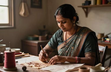 A South Asian / Indian entrepreneur in a small rural workshop, focused on her traditional handicraft work, warm indoor lighting, photography.