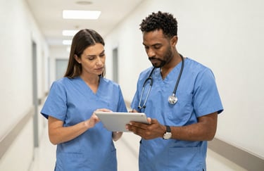 A lifestyle shot of two healthcare professionals in North American medical scrubs discussing data over a tablet in a brightly lit, modern medical corridor with off-white walls.