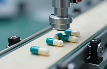 A macro photograph of pharmaceutical capsules being inspected on a sterile conveyor belt in a North American facility, with crisp medium blue and off-white studio lighting.
