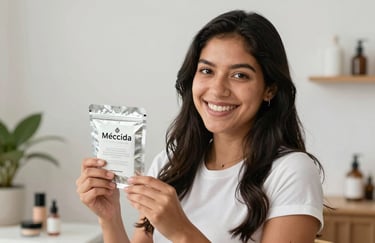 A young South American woman entrepreneur smiling warmly, holding a package of cosmetics in a bright Mexico City studio.