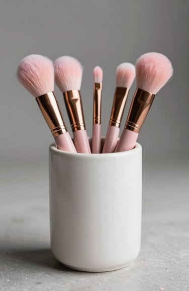 A curated collection of trendy makeup brushes in a minimalist ceramic holder, soft pink and white tones.