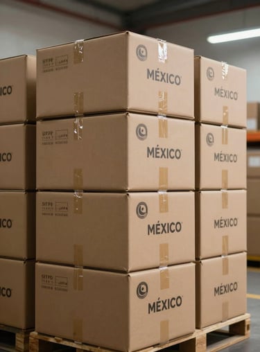A stack of branded shipping boxes ready for delivery in a clean, modern warehouse in Mexico.