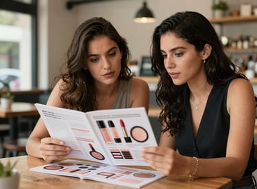 Two women in a modern Mexican cafe looking at a printed cosmetics catalog together, empowering atmosphere.