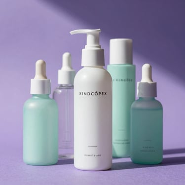 High-end skincare bottles arranged aesthetically with soft purple shadows and mint green accents.